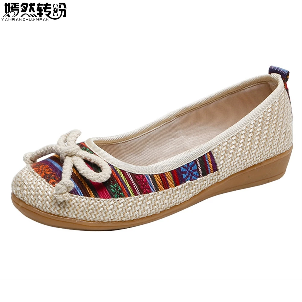 

2019 New Vintage Women Flats Summer Soft Canvas Embroidery Shoes Slip On Bow Dance Flat For Woman Zapatos Mujer Plus Size 42