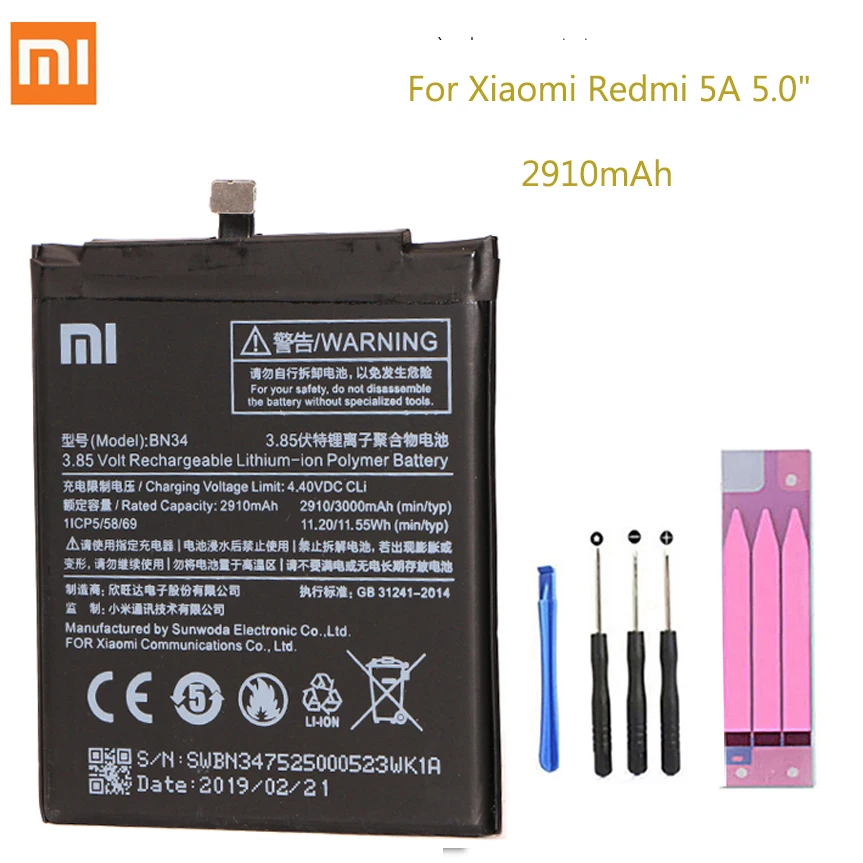 Xiao mi Оригинальный аккумулятор для телефона BN34 Xiaomi Redmi 5A 5 0 &quotЗапасная батарея 2910