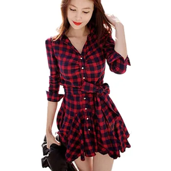 

2016 Women Turn down Coller Dress Red Plaid Printed Blouse Dresses Irregular Long Sleeve Mini Vestidos With Be