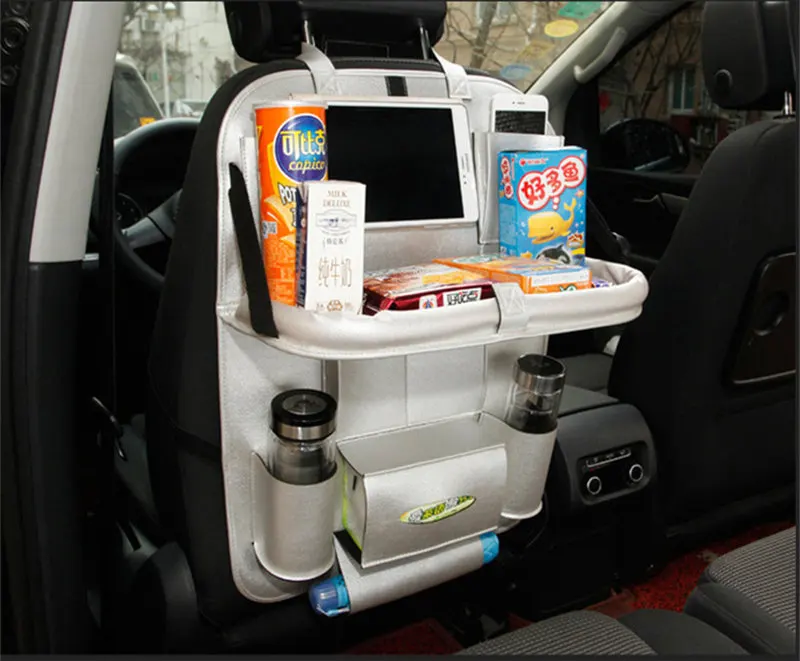 Многофункциональный чехол для автомобиля из искусственной кожи с откидной крышкой на заднее сиденье, поднос для еды, сумки для хранения на стол, авто тканевая сумка Organizador - Название цвета: Серый