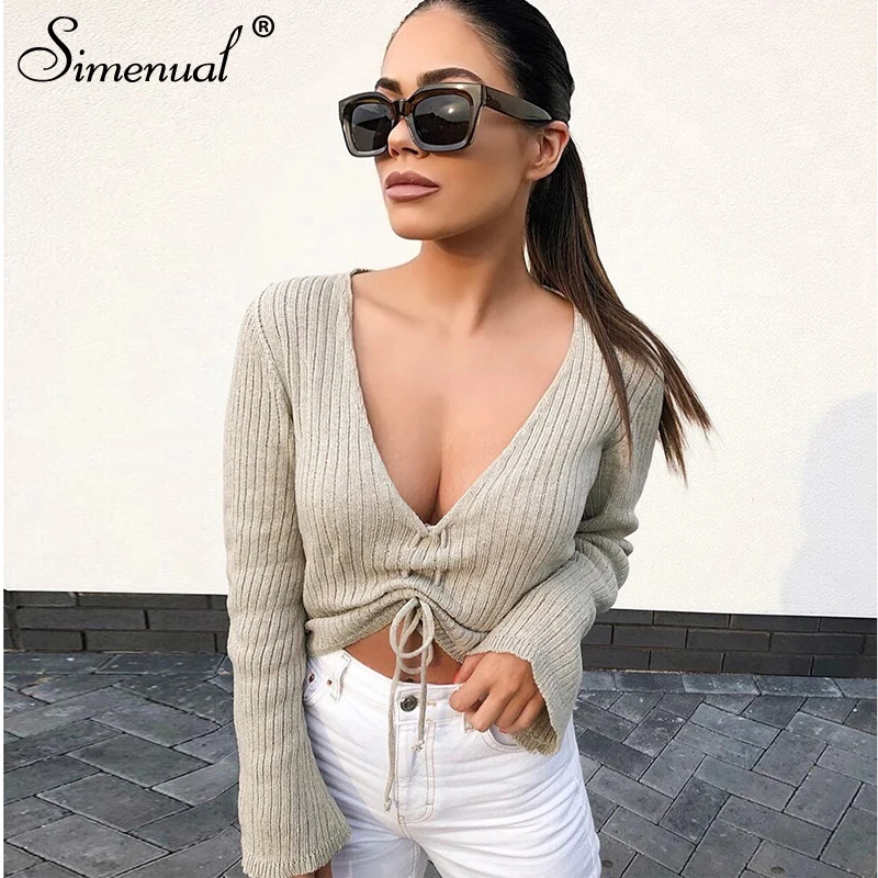 

Simenual Drawstring V Neck Knitwear Sweater 2019 Autumn Long Sleeve Pullovers Jumper Cropped Solid Casual Fashion Sweater Ribbed