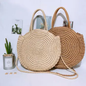 

Round Rattan Straw Woven Bag Women Crossbody Holiday Beach Circle Handbag Retro