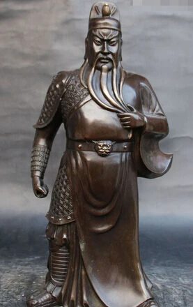 

0 16" Chinese Pure Bronze Stand Guan Gong Yu Warrior God Guangong Lion Head Statue