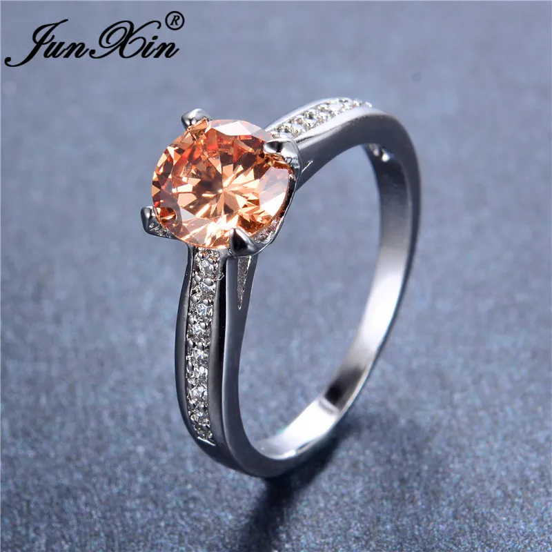 JUNXIN Fashion Round Cut Stone Olive Green Birthstone Rings For Women Men 925 Sterling Silver Filled Champagne Zircon Ring Gifts