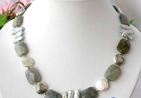 

Jew2374 17" NATURE OBLONG FLUORITE BIWA COIN PEARL NECKLACE AAA