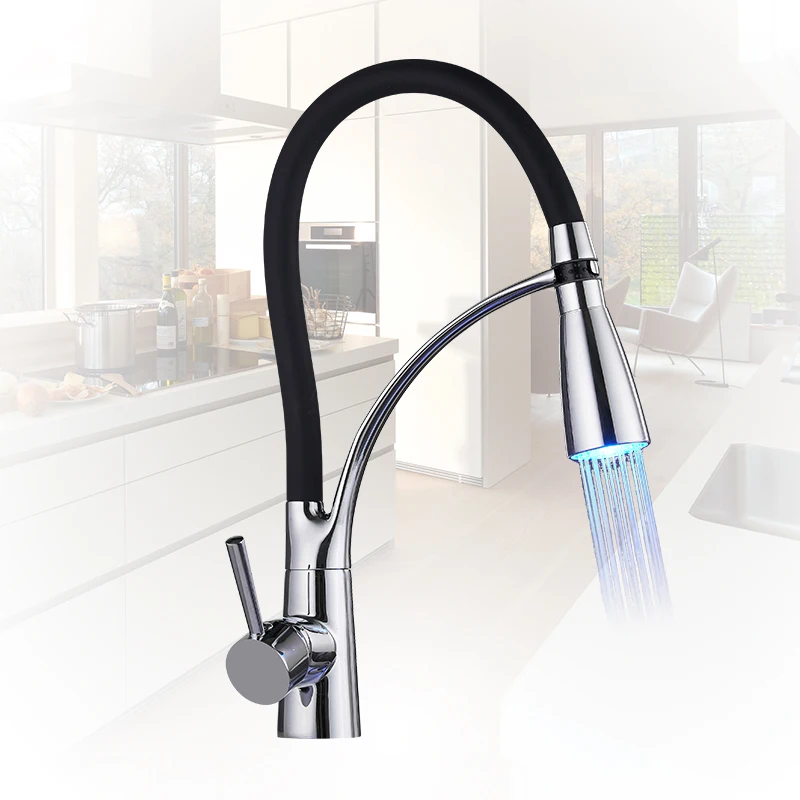 

LED Kitchen Faucets with Rubber Design Chrome Mixer Faucet for Kitchen Single Handle Pull Down Deck Mounted Crane for Sinks 7661