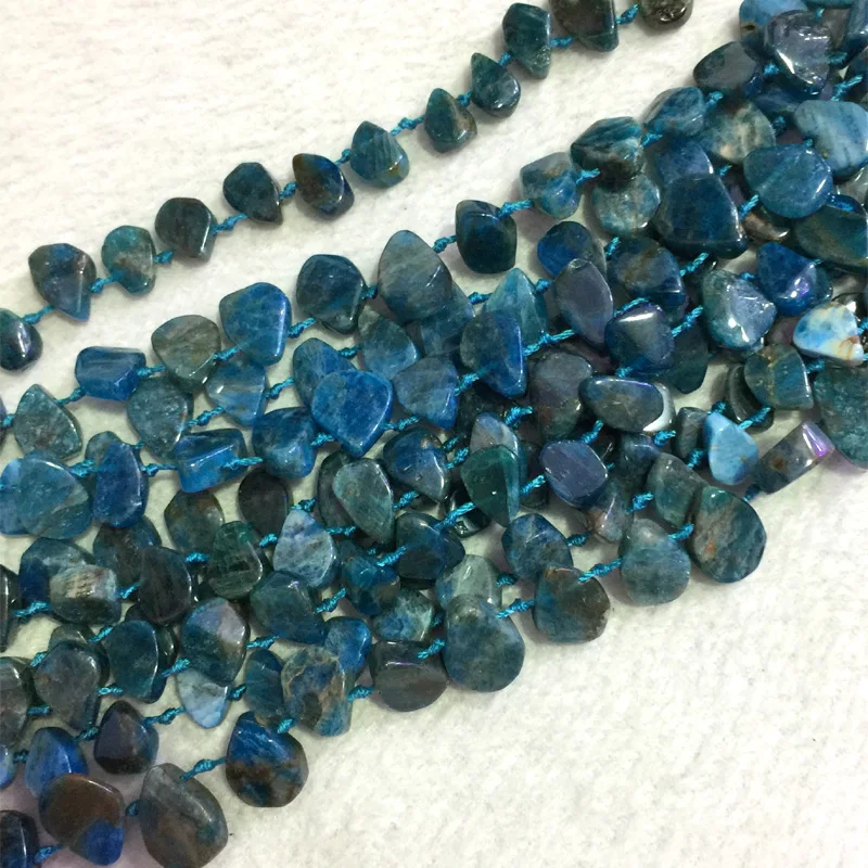 

Natural Genuine Raw Mineral Blue Apatite Flat Teardrop Nugget Smooth Side Drilled Loose Beads 15" 05539