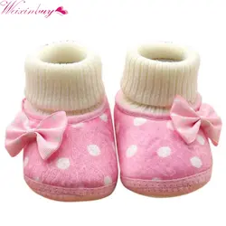 В милый горошек для новорожденных девочек бантом флис снег ботинки белые туфли принцессы