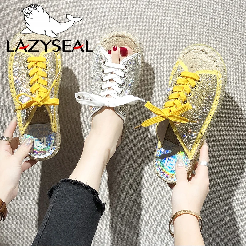 LazySeal/женские шлепанцы с кристаллами пляжные на шнуровке летние туфли плоской