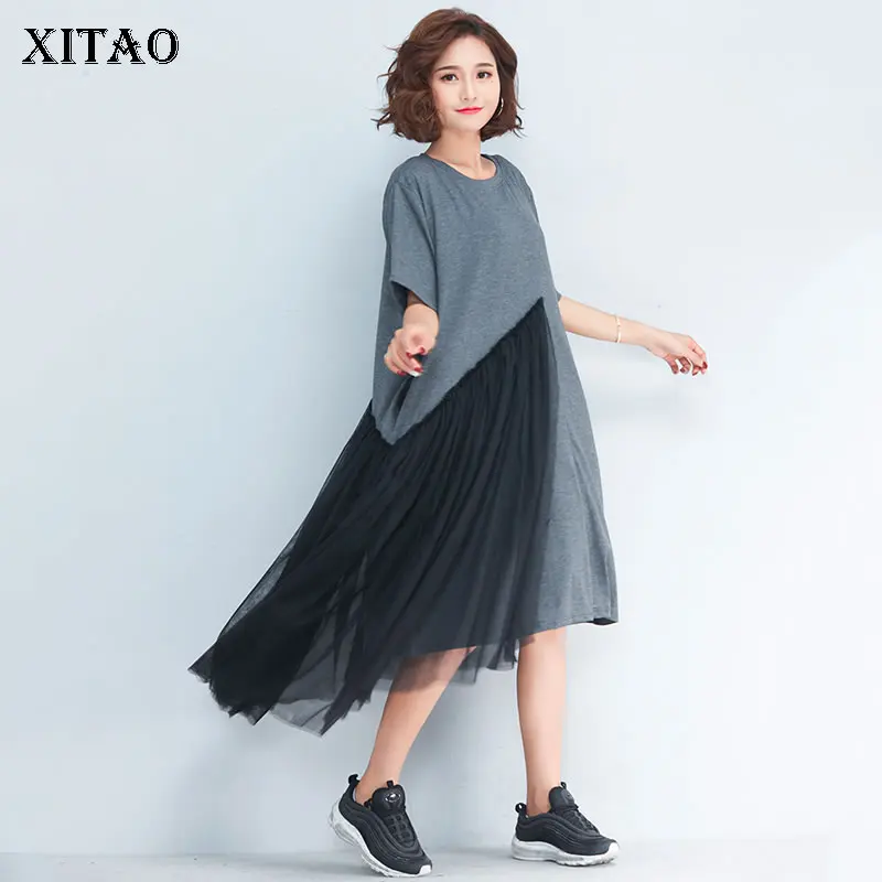 

XITAO Patchwork Mesh Midi Dress Summer Plus Size Casual Short Sleeve O Neck Irregular Sexy Elegant Dress Korean Style XWW3747