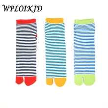 WPLOIKJD/1 пара женских полосатых Хлопковых Носков, теплые эластичные носки, дышащие впитывающие пот носки с двумя пальцами, 3 цвета, размеры 35-43
