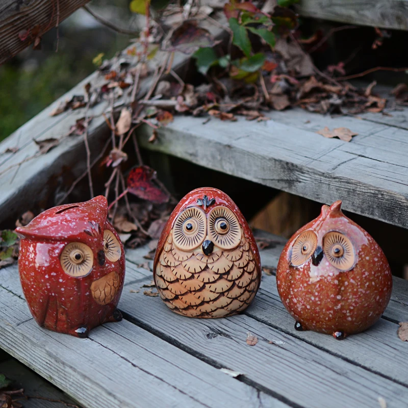 

3pcs pastoral ceramic craft owl figurines decorative cans porcelain animal piggy bank home decoration accessories birthday gift