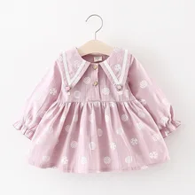 Новое хлопковое платье с длинными рукавами для маленьких девочек на весну и осень Милая юбка с цветочным рисунком юбка-американка платье принцессы для малышей