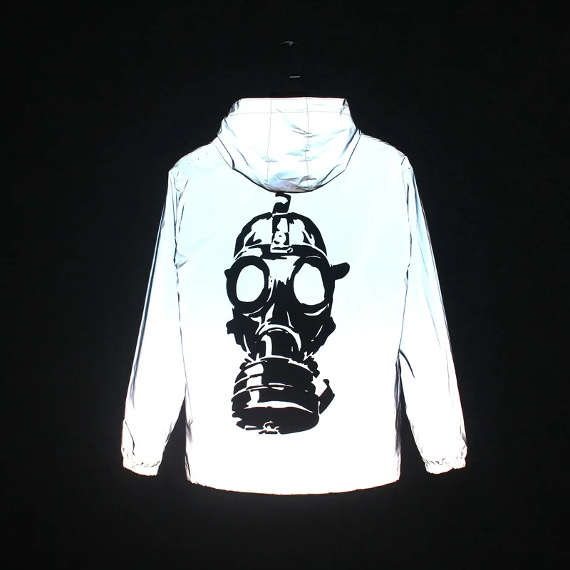 

Men Reflective Jacket Casual Windbreaker Hooded Fluorescent Clothing Skull Printed Fashion Street Men Women Lovers Coat
