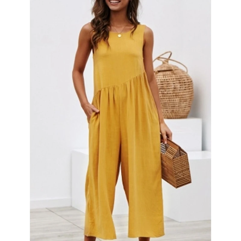 Sexy Sleeveless Backless Women Jumpsuits Wide Leg Solid Jumpsuit Casual Loose Pocket Basic Ladies Romper Office Lady | Женская одежда