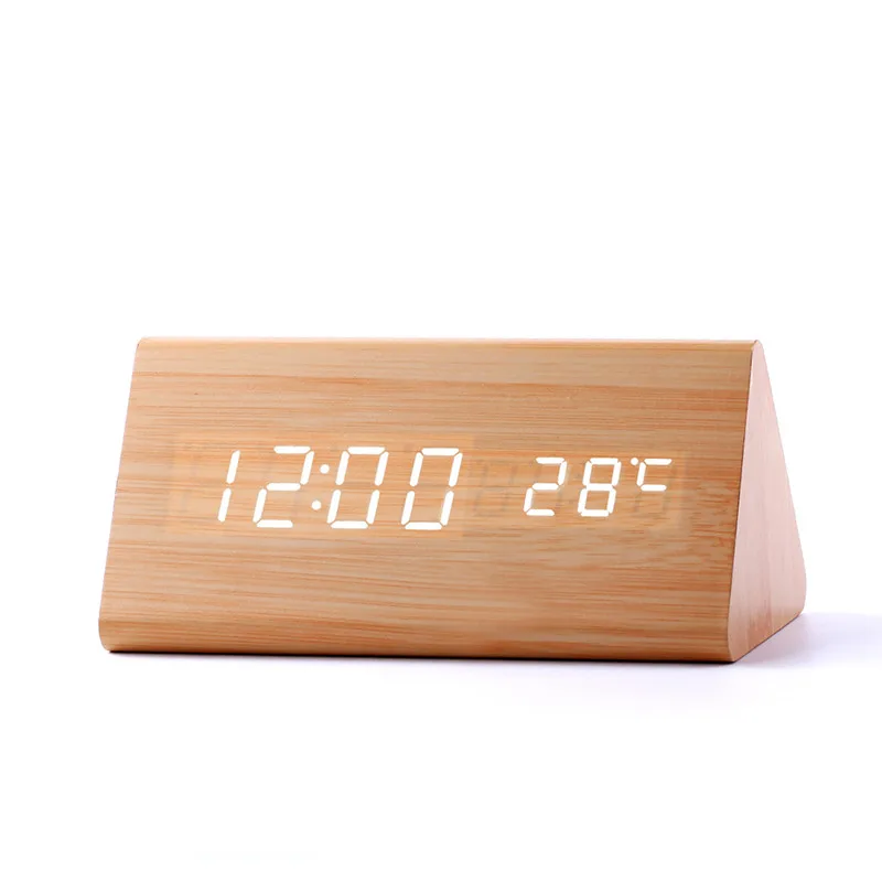 

High Quality Bamboo&Wooden Triangular Acoustic Control LED Digital Alarm Clock Thermometer Horloge luminous relogio despertador
