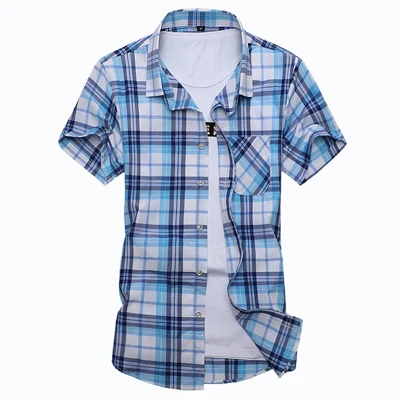 Плюс Размеры M-7XLNew Летняя мода Для мужчин рубашка Slim Fit Для мужчин короткий рукав рубашки в клетку Для мужчин s одежда тенденция Повседневное Для мужчин s социальный рубашка - Цвет: C2011 Blue Plaid