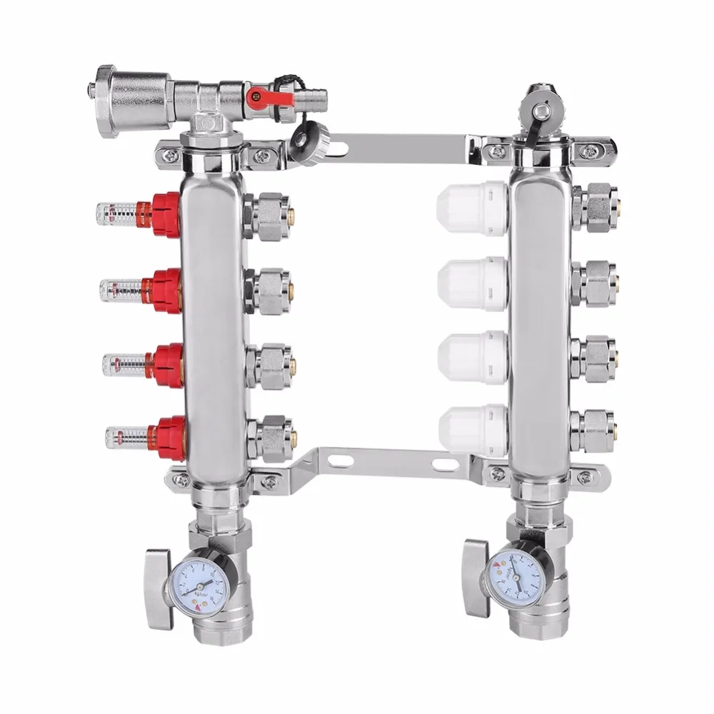 

4-Branch Stainless Steel Flow Valves Heating System Adjustable Floor Heating Manifold Set