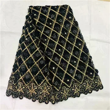 

New African Lace Black High Quality Guipure Cord Lace Fabric With Rhinestones French Tulle Lace Fabrics For Party Dress