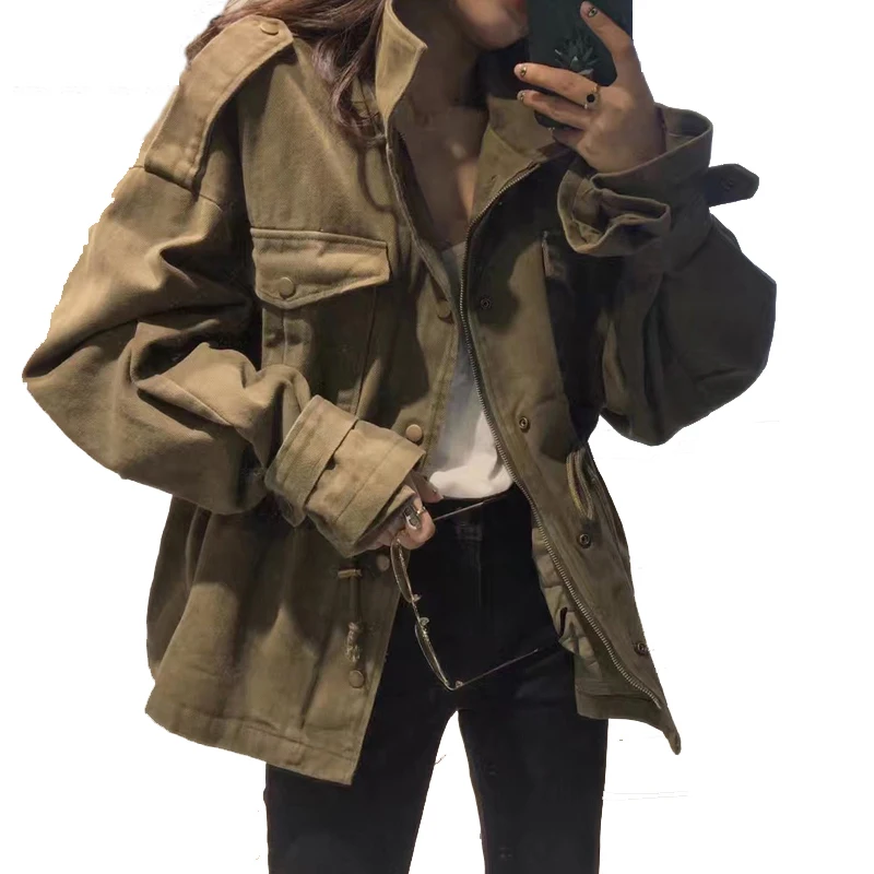 

Women bat Sleeve Windbreaker Coat Oversize Streetwear Jacket Casual Outerwear Spring Loose Drawstring Army Green Jacket