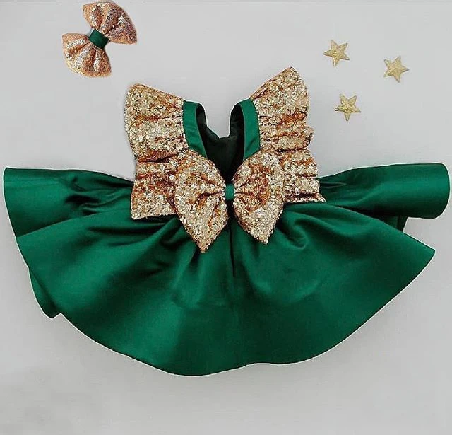 Новое рождественское зеленое платье для маленьких девочек бант с пайетками, гофрированное праздничное платье для маленьких девочек рождественское торжественное платье принцессы для маленьких девочек на свадьбу