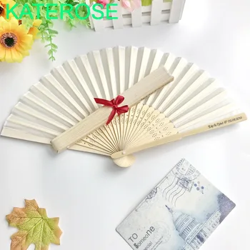 

100PCS Customized Wedding Fan with Ribbon Beige Silk Cloths Hand Fans Printing LOGO Bridal Shower Favors