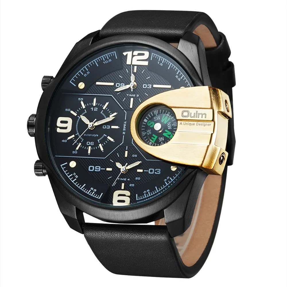 

OULM Brand Luxury Relogio Watch Business Leather Strap Military Dual Display Compass Design Sports Quartz Three time Watch