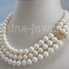 P1951-AAA 17-1" 3 ряда 8-9 мм натуральный белый круглый пресноводный жемчуг ожерелье