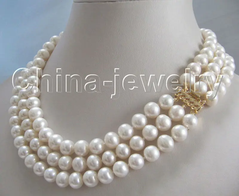 P1951 - AAA 17-19" 3row 8-9mm natural white round freshwater pearl necklace