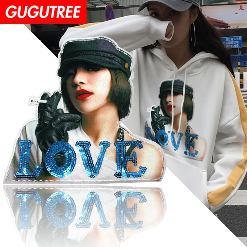 

GUGUTREE embroidery Sequins big belle patches love patches badges applique patches for clothing XC-330