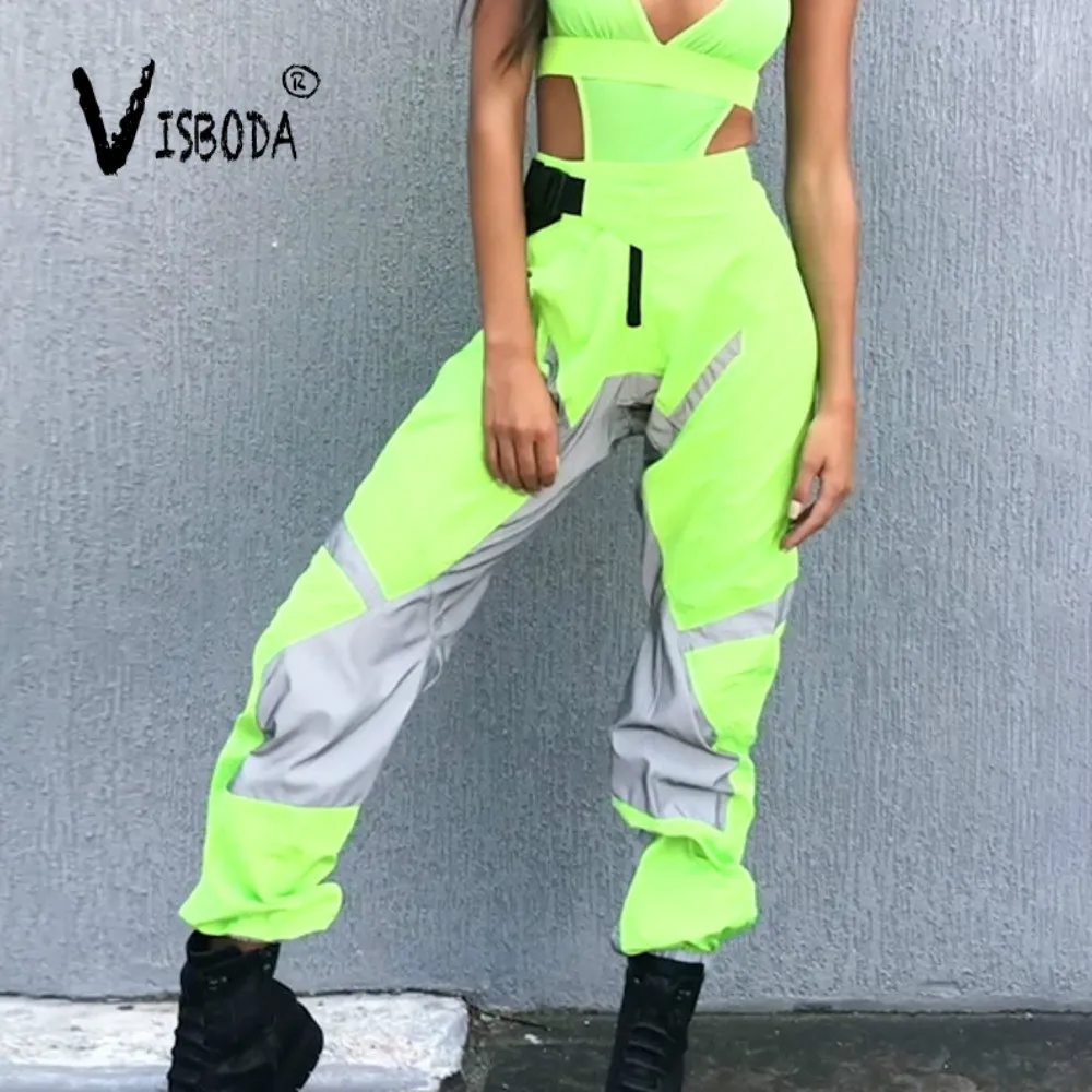 Women Loose Harem Pants Neon Green Reflective Sweatpants Hip Hop Trousers Fashion Ladies High Waist Buckle Trousers Plus Size Women Loose Harem Pants Neon Green Reflective Sweatpants Hip Hop Trousers Fashion Ladies High Waist Buckle Trousers Plus Size
