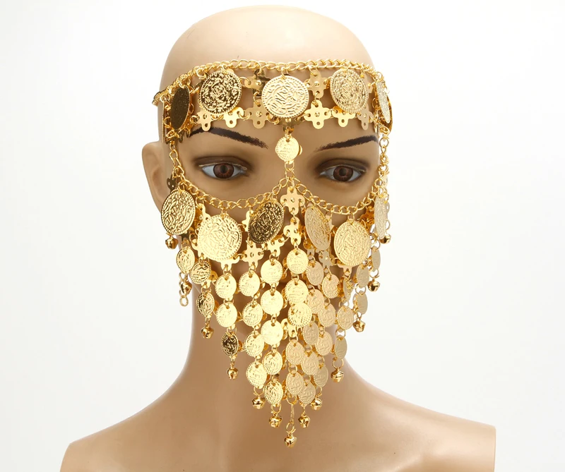 Танец живота костюм головные уборы монеты маска для лица, вуаль Племенной арабский Африканский Египет позолоченный аксессуар