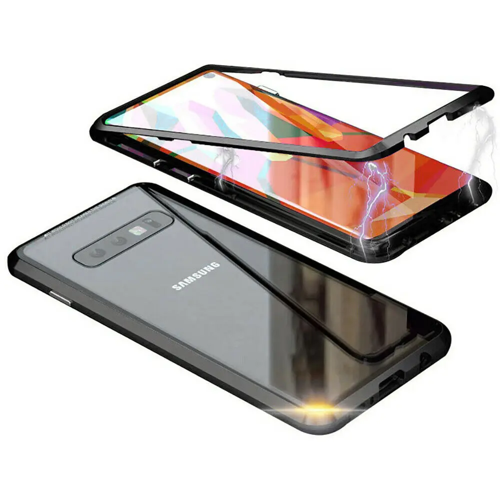 Magnetic Absorption Metal Bumper Back Glass Case Cover For Samsung S10 + S9 S8