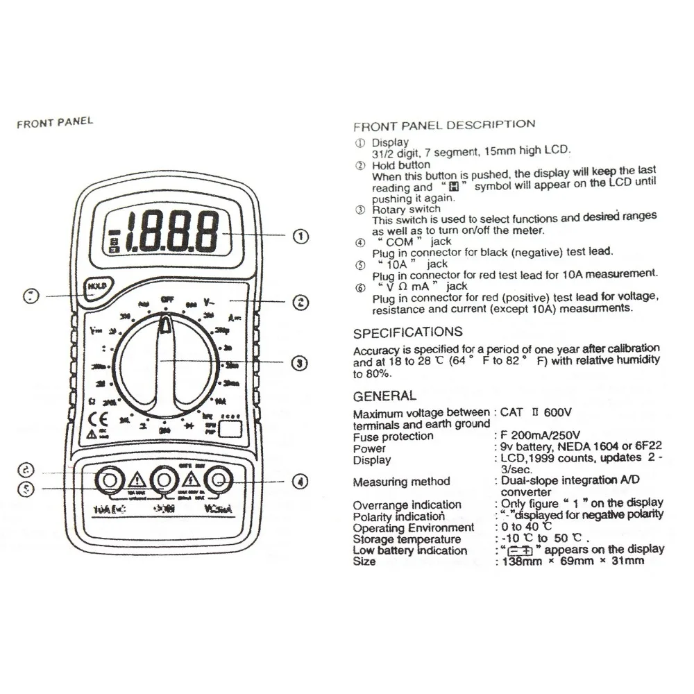 XL830L ЖК-цифровой мультиметр ток напряжение сопротивление транзистор температура тестер метр Multimetro SA723 T40