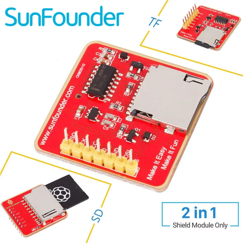 

SunFounder SD TF 2 in 1 Card Reader Memory Card Shield Module SPI Interface for Arduino Uno R3 Mega 2560 DUE