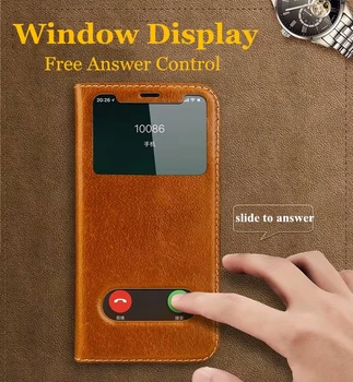 

Luxury Genuine Leather Oil wax Flip Case for iPhone Xs Max XR X 8 7 Plus Phone Stand Holder Shell Cover w/ Clear view Windows