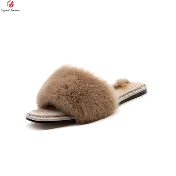 

Original Intention Women Sandals Rabbit Fur Open Toe Flat Flip Flops Black Brown White Slides Shoes Woman US Size 4-10
