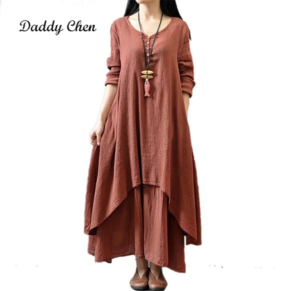 

Fairy Princess Linen Dress Fashion Women Fake Two Long Section Dresses Loose Long-sleeved Cotton Dresses Women's Maxi M-5XL