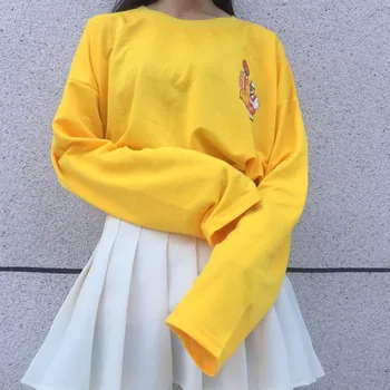 

Shirt Women Harajuku Female Loose Yellow Cartoon Print Long Sleeve Tops Funny Girls Lady Autumn Clothing