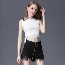 Новое поступление, женские весенне-летние кружевные дамские джинсовые шорты на молнии, сексуальные кружевные штаны с высокой талией, широкие шорты