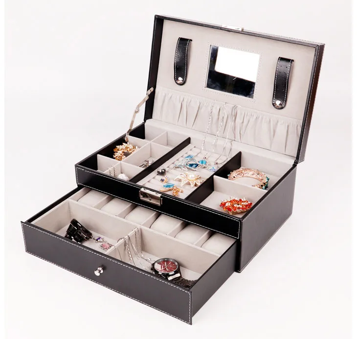 Gift Women Dasily Jewelry Watch Box Double Layer Leather Organizer Case