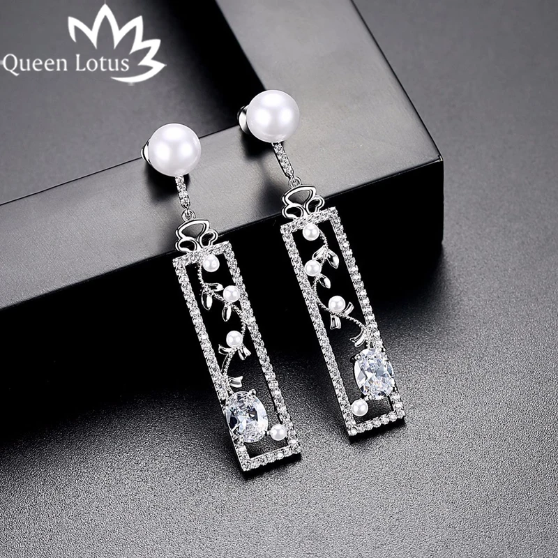 

Queen Lotus Women Geometric Dangle Earrings Pearl Flower Baroque Earrings Luxury Crystal Long Drop Earrings Jewelry Female Gifts