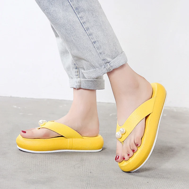 Summer Slippers Women Platform Shoes Pearl Flip Flops PU Ladies Casual Slip-on Beach mules 003w | Обувь