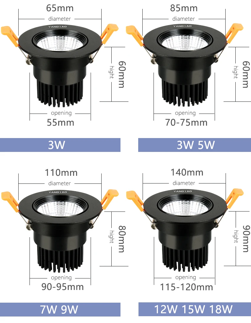 YANDIAO светодиодный светильник с регулируемой яркостью COB Потолочный Точечный светильник 3 Вт 5 Вт 7 Вт 9 Вт 12 Вт 15 Вт 18 Вт 85-265 в потолочный встраиваемый светильник s Внутреннее освещение