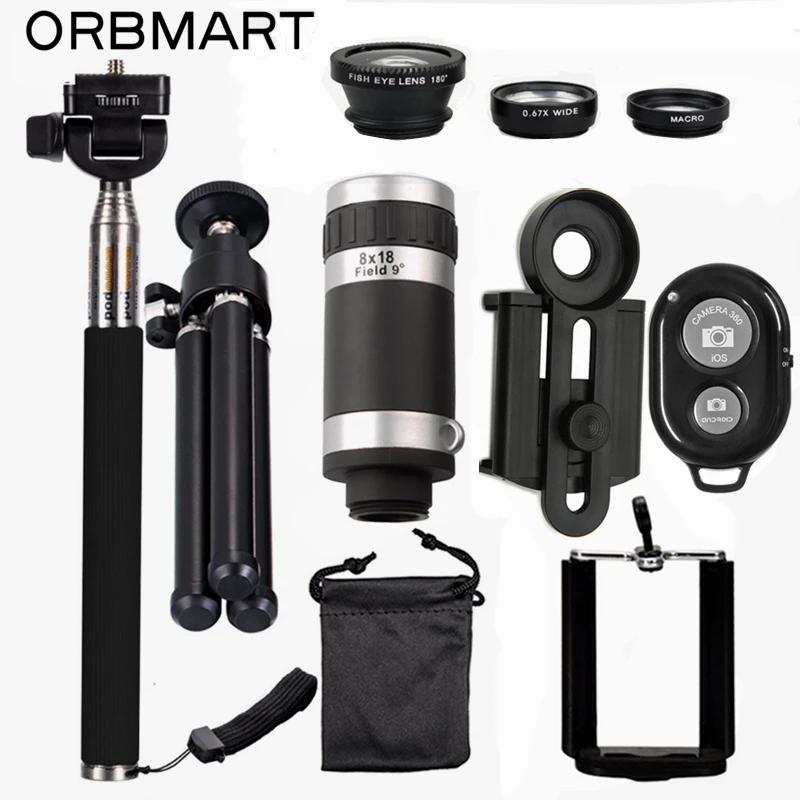imágenes para ORBMART Kits Lente de la Cámara 8X Telescopio Del Teléfono Móvil + 3 en 1 lente ojo de pez + extensible handheld selfie stick + bluetooth obturador imágenes para ORBMART Kits Lente de la Cámara 8X Telescopio Del Teléfono Móvil + 3 en 1 lente ojo de pez + extensible handheld selfie stick + bluetooth obturador