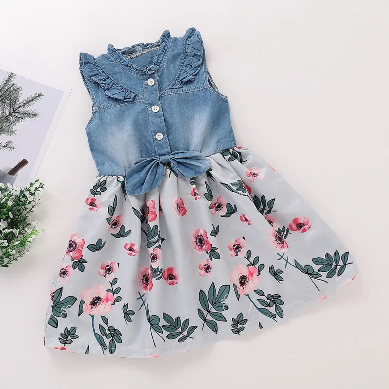 Летнее повседневное джинсовое платье без рукавов с цветочным принтом для маленьких девочек хлопковый Детский сарафан для малышей модные вечерние джинсовые школьные платья