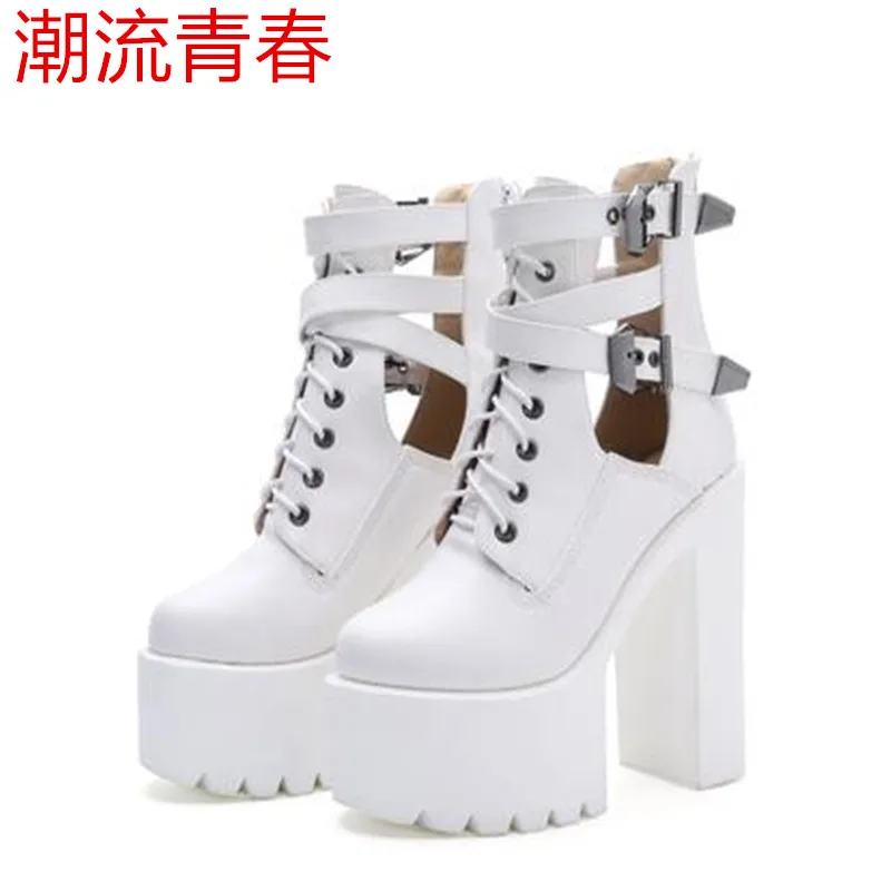 

2019 Fashion Women Gothic Boots Lace Up Ankle Boots Patchwork Platform Punk Shoes Ultra Very High Heel Bootie Block Chunky Heel