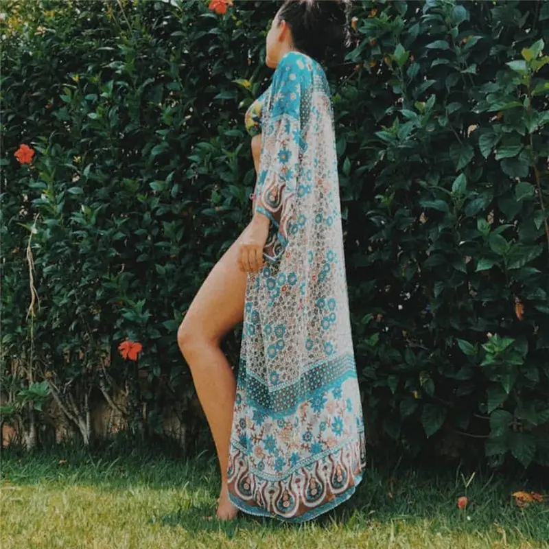 

2019 Fashion Floral Chiffon Kimono Women Cardigan Elegant Loose Flower Print Boho Blouse Shirt Summer Beach Kimono Plus Size N23