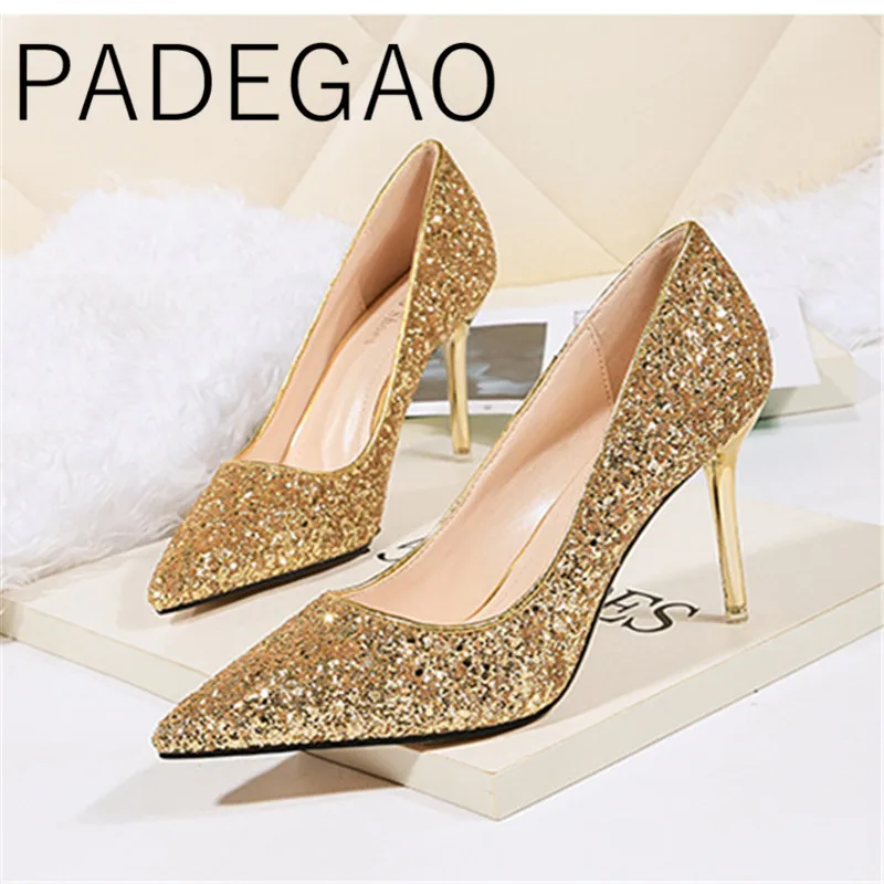 

2019 Women Wedding Shoes Bling Brige Luxury Pointed Toe High Heels Ladies Gold Sliver Shoes