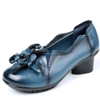 

Nice Retro Style Handmade Shoes Women Thick With Heels Pumps Round Toe High Heels Genuine Leather